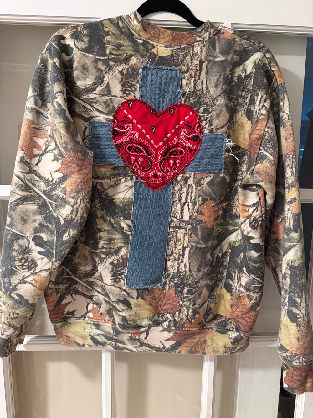 Custom Camo Sweatshirt with Denim Cross & Red Bandana Heart